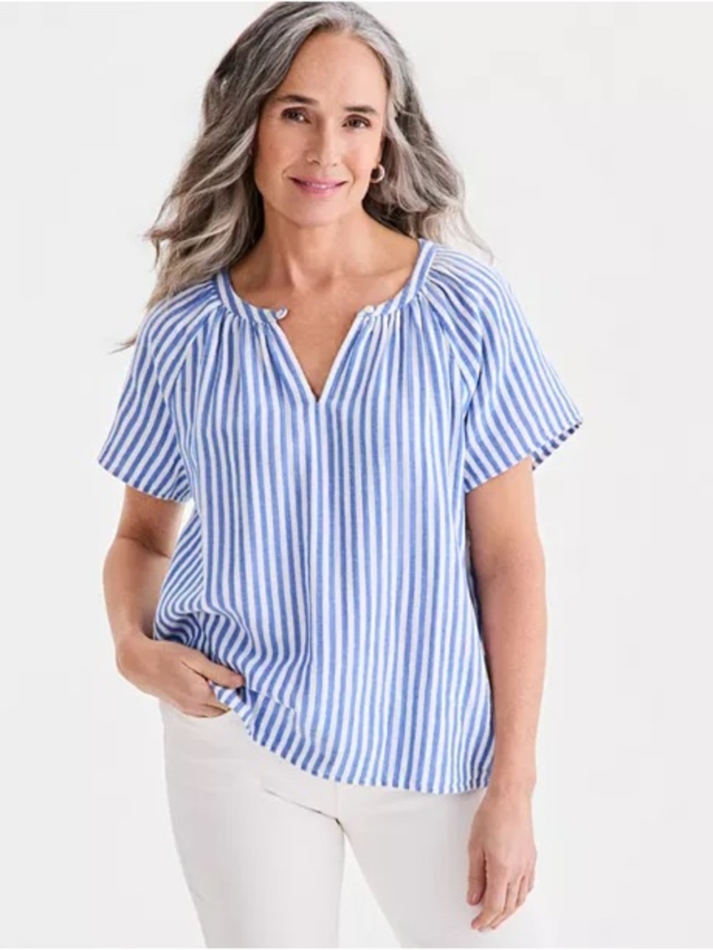 073- Style & Co Blue White Striped Gauze Flutter-Sleeve Top Size XL